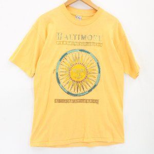Vintage PSI Shirt Mens Yellow Baltimore Big Sun Face Graphic Single Stitch L 90s